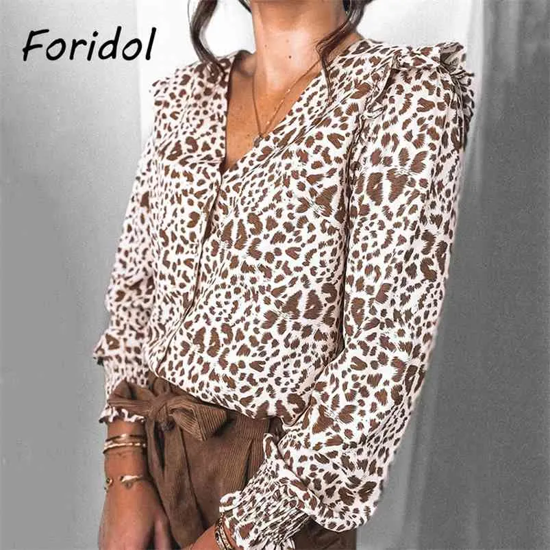 Camicetta elegante con volant Camicia taglie forti Donna Stampa Boho Scollo a V Top Manica a sbuffo Primavera Autunno 210427