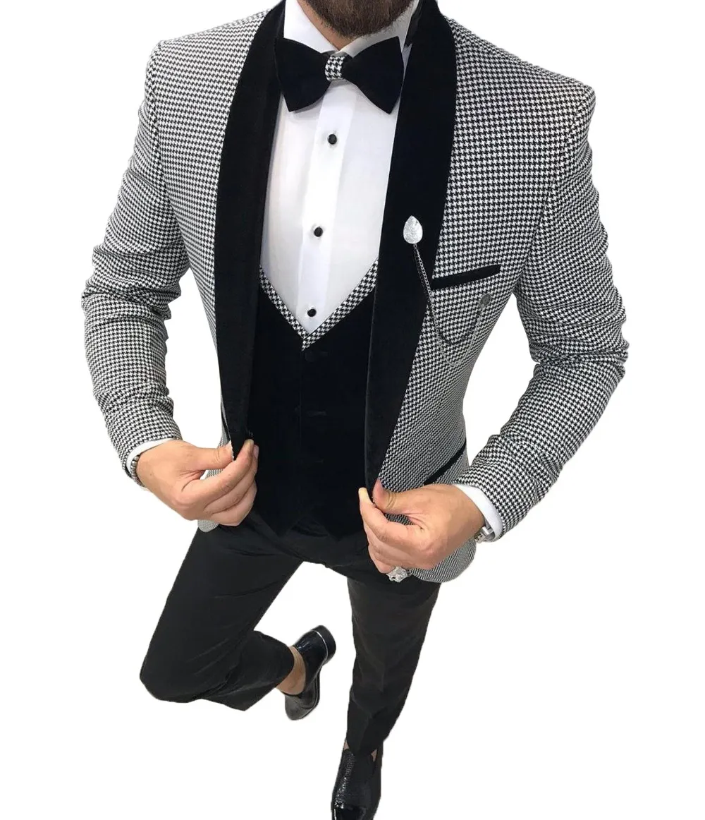 3 Parça Düğün Smokin Mens Suits Slim Fit İş Retro Klasik Houndst Damat Tweed Suit (Blazer + Pantolon + Yelek)