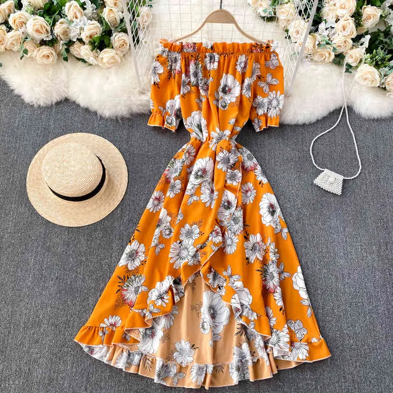 Singreiny French Sweet Print Dress Women Slash Neck Puff Sleeve A-Line Dresses Sommar Bohemian Off Shoulder Oregelbunden Midi Dress 210419