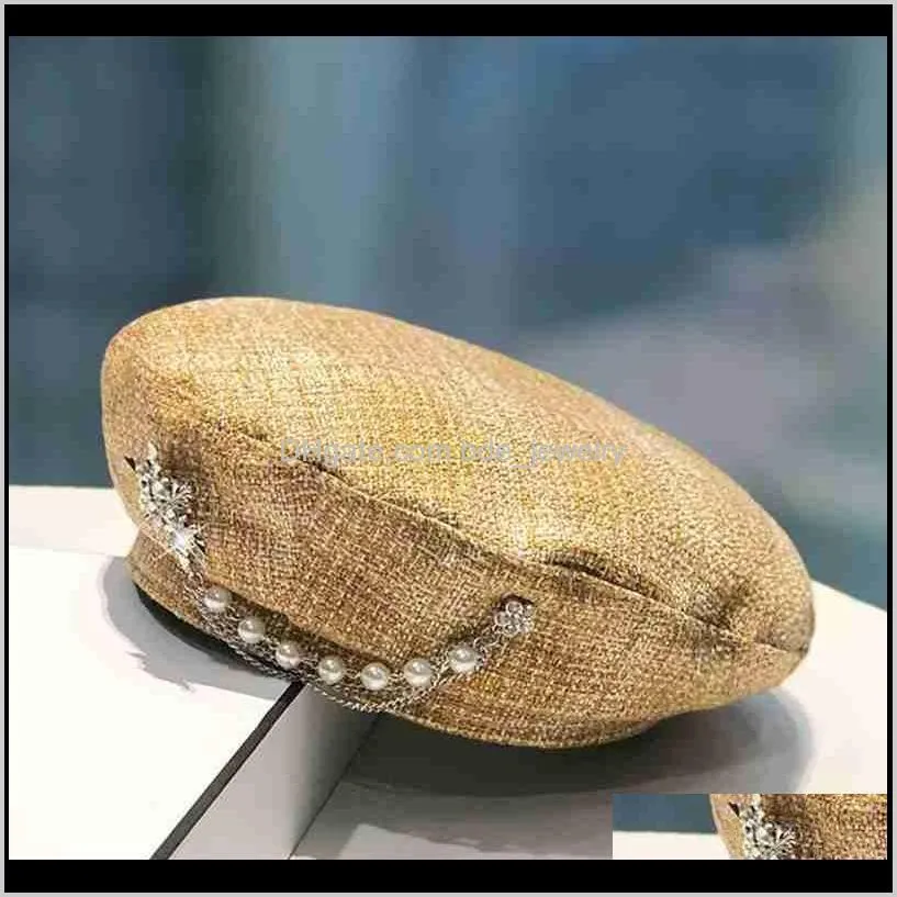 2020 fashion pearl rhinestone plaid wool beret women winter hat women flat top knitted cashmere hat beret