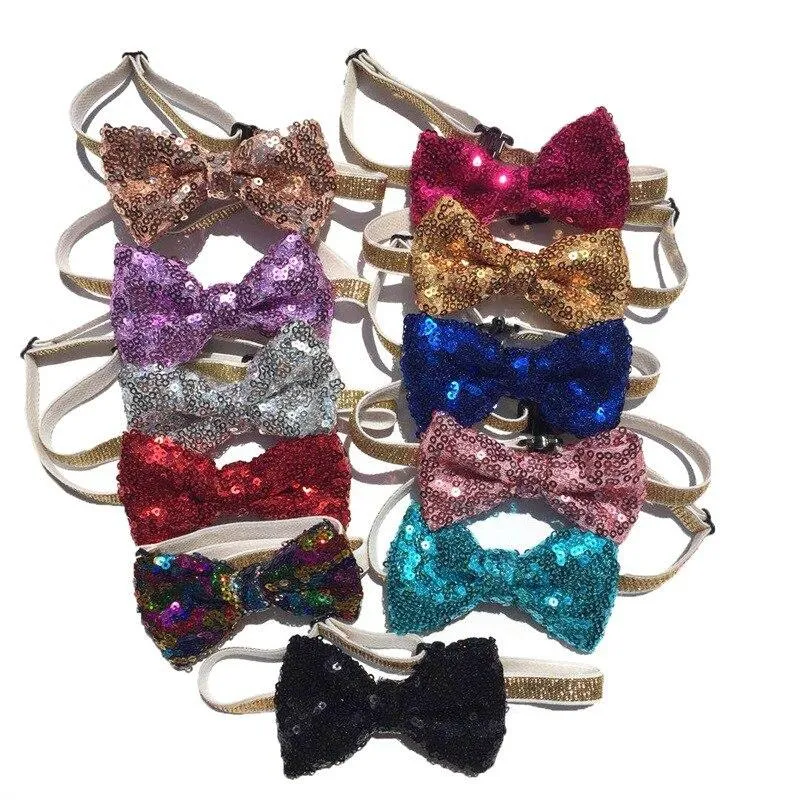 Kot kołnierzy Prowadzi Multicolor Cekiny Pet Bowknot Koty Regulowane Pasek Zwierzęta Zwierzęta Dla Mały Dog Łuk Smycz Wedding Party Bezpieczeństwo Klamra krawat