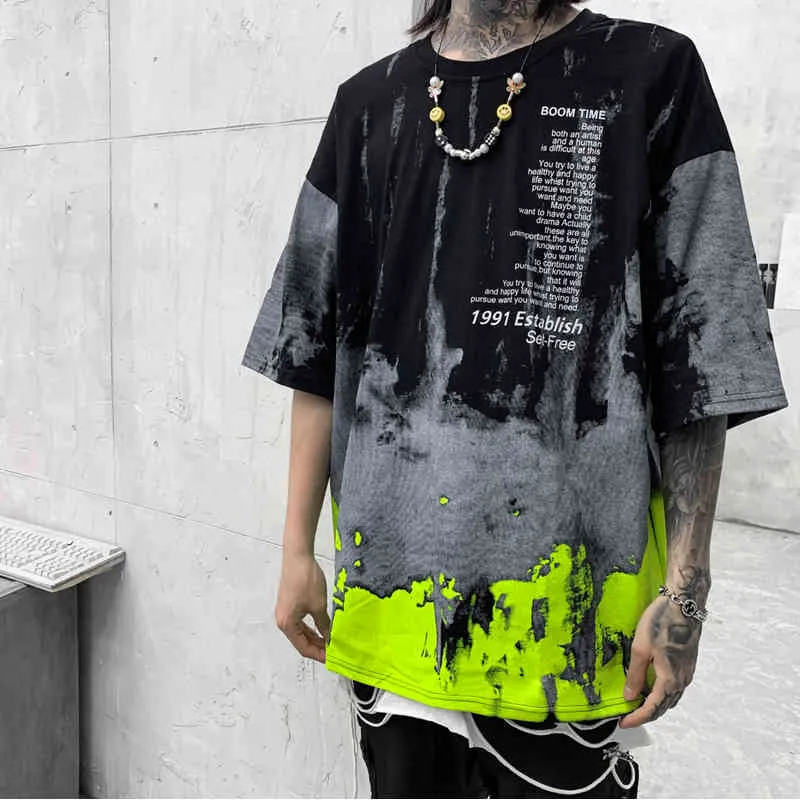 Mens Tie Tintura T Shirt Oversized Camisetas 2020 Verão Unisex Manga Curta Solta Estilo Preto Casal Branco Tops Tees Y0322