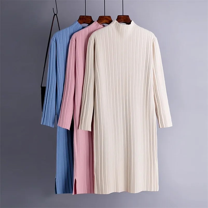 Long Knit Women Split Sweater Dress Autumn Winter Sleeve Pullover Midi Thick Warm Christmas es Office Lady 210420