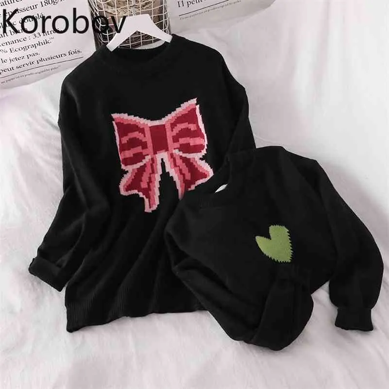Korobov Sweet Bow Mulheres Sweater Preppy Style O Pescoço Manga Longa Sueter Mujer Coreano Hit Color Feminino Jumper Vintage Suéter 210430
