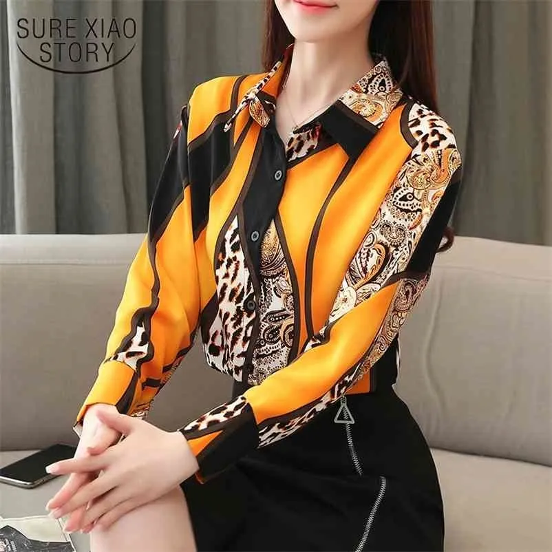 Bahar Kore Baskı Leopar Şifon Bluzlar Kadınlar Uzun Kollu Gömlek Düğme Bayanlar Tops Blusas Mujer de Moda 8092 50 210508