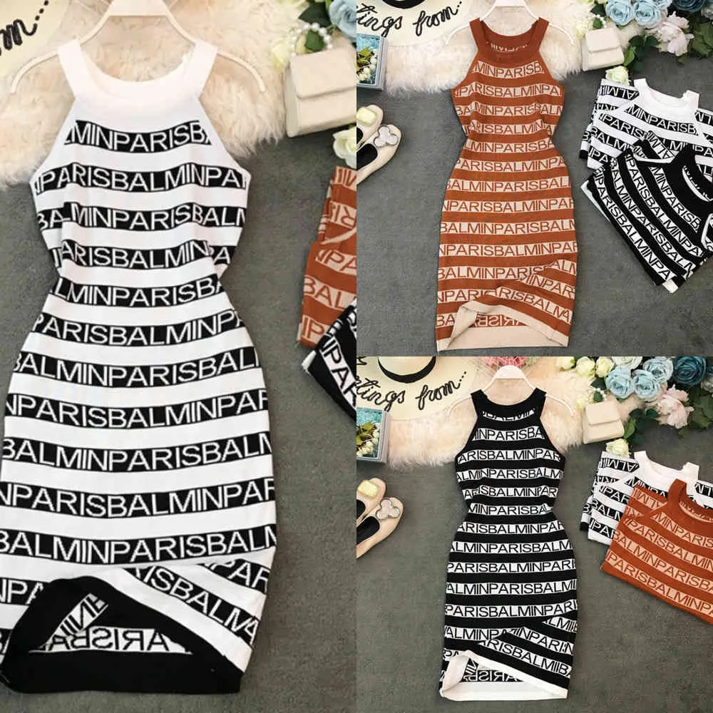 Neploe Knitted Letter Print Women Dress Summer 2021 New Halter Sleeveless Camis Vestidos Sexy Slim Waist Bodycon Dress Y0611