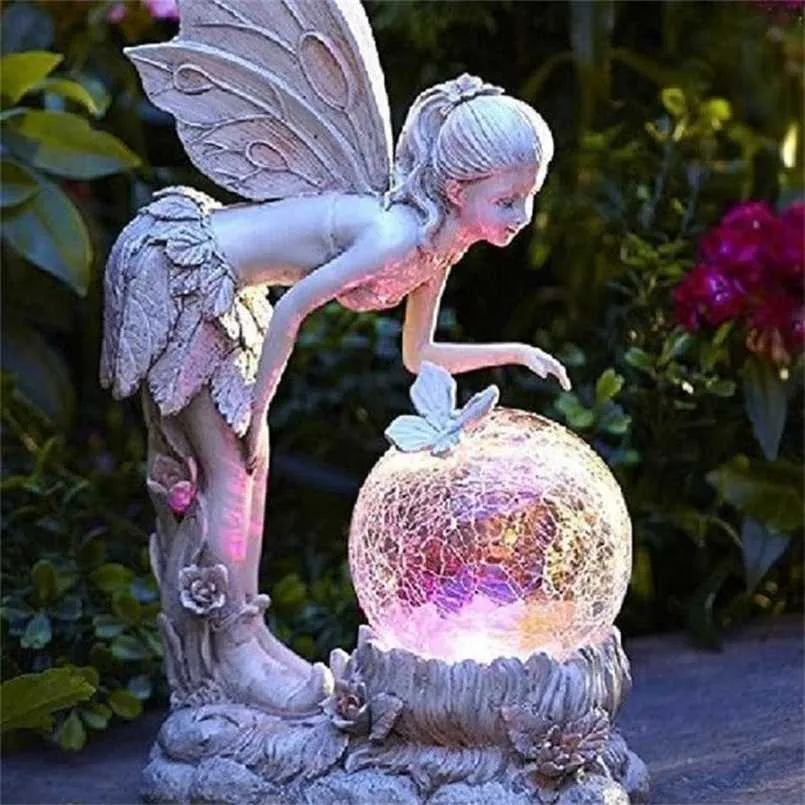 Solar Energy Glow Resin Elf Meisje Proces Standbeeld Outdoor Waterdichte Anti-Uv Yard Decoratie Thuis Tuin 211108