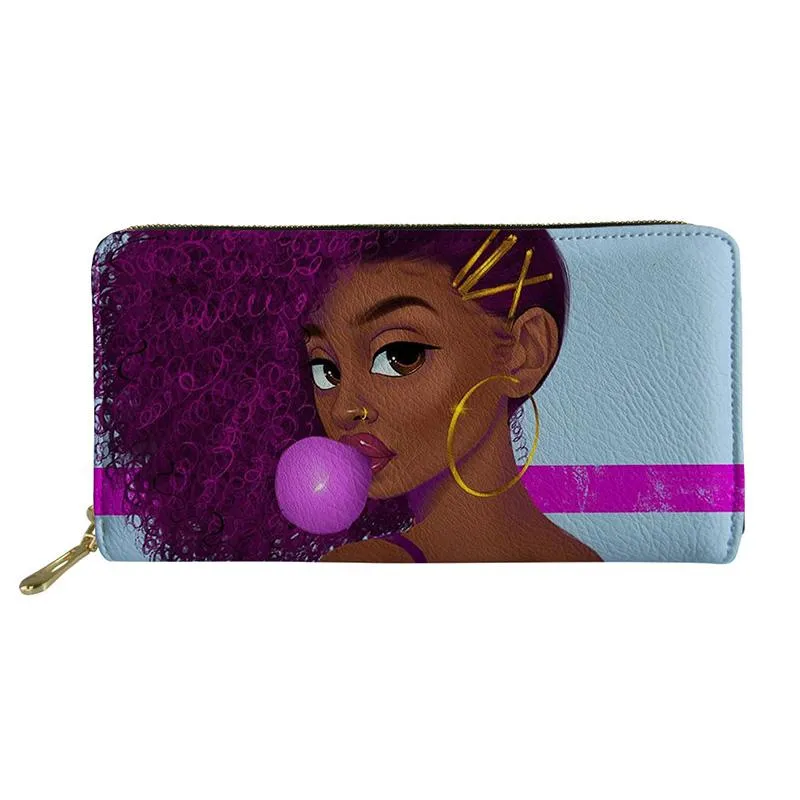 Plånböcker hycool handväska kvinnor afrikansk svart flicka bubbla gummi tryckt lång plånbok för tonårsflickor resor dragkedja pengar koppling kvinna väska