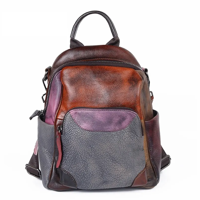 Cowhide Retro Style Women Genuine Leather Backpack Small Packsack for School Female Student Casual Knapsack Bag Fashion Mochila 210911