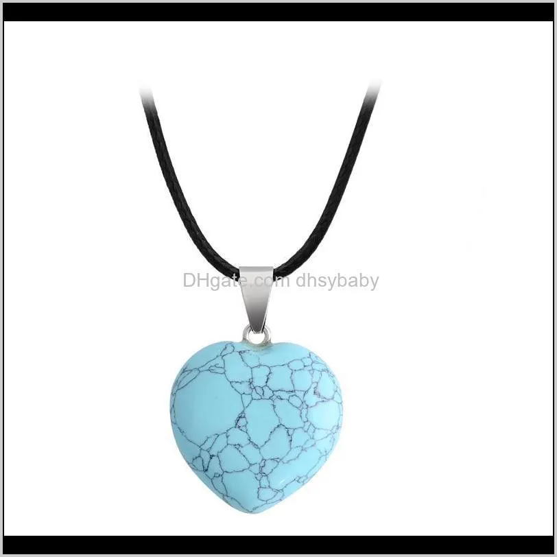 natural stone gemstone pendant necklace with pu leather chain heart shape crystal quartz turquoise charm necklace jewelry for women men