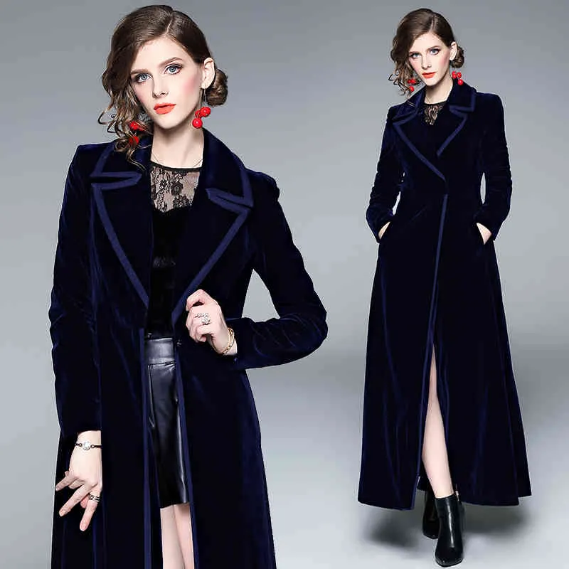 Casaco das Mulheres Winter Runway Designer Mulheres Vintage Notched Collar Envoltório Preto Veludo Maxi Revestimento Espesso Quente Long Trench Revestimento Outwear 210412