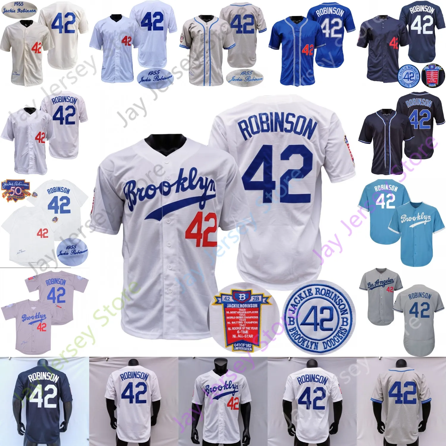 Jackie Robinson Jersey Vintage 1955 Cream White Grey Blue Black Fashion Hall Of Fame 50th 1st WS Patch Size S-3XL