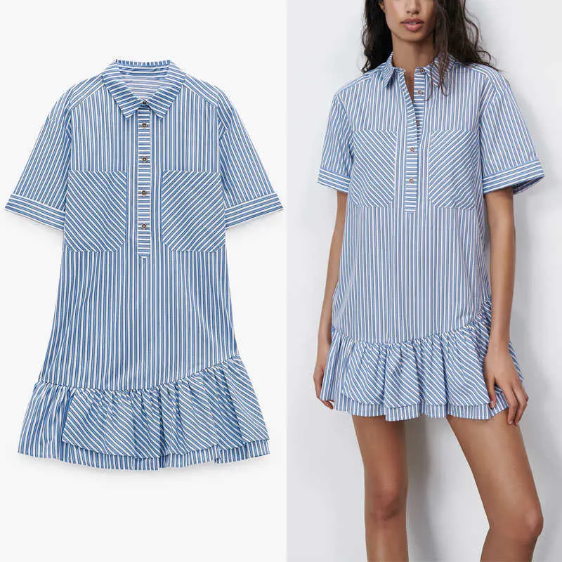 Za niebieski paski wzburzony mini sukienka kobiety z krótkim rękawem przycisku casual retro sukienki kobieta moda patch kieszenie vestidos 210602