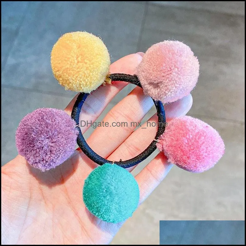 Korean Cololful Fur Ball Elastic Hair Bands For Girls Women Ties Ponytail Holder Rubber Scrunchy Accessories