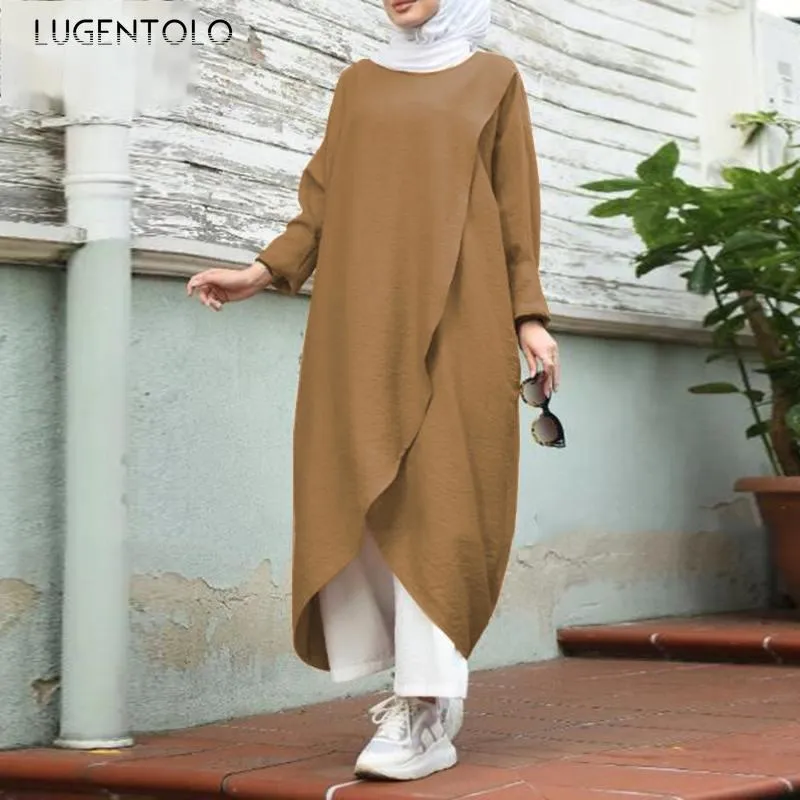 Frauen Kleid Mode Muslimischen Herbst Elegante Casual Dame Einfarbig Pullover Lange Hülse Lose 5XL Lugentolo Kleider