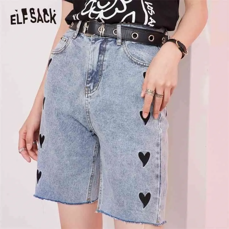 Elfsack Solid Kärlek Print Hög midja Smart Casual Kvinnor Brett Ben Shorts Sommar Koreanska Ladies Basic Daily Denim Bottoms 210724