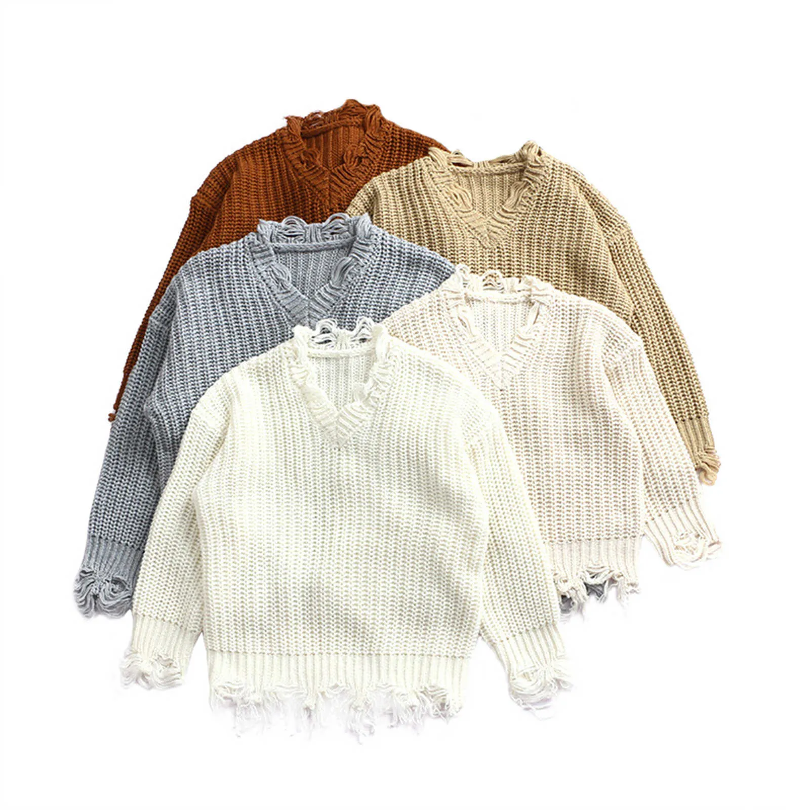 Spädbarn Barn Barn Stickad Tröja Höst och Vinter Baby Girls Boys Solid Färg Distressed Långärmad V-Neck Pullover Toppar Y1024