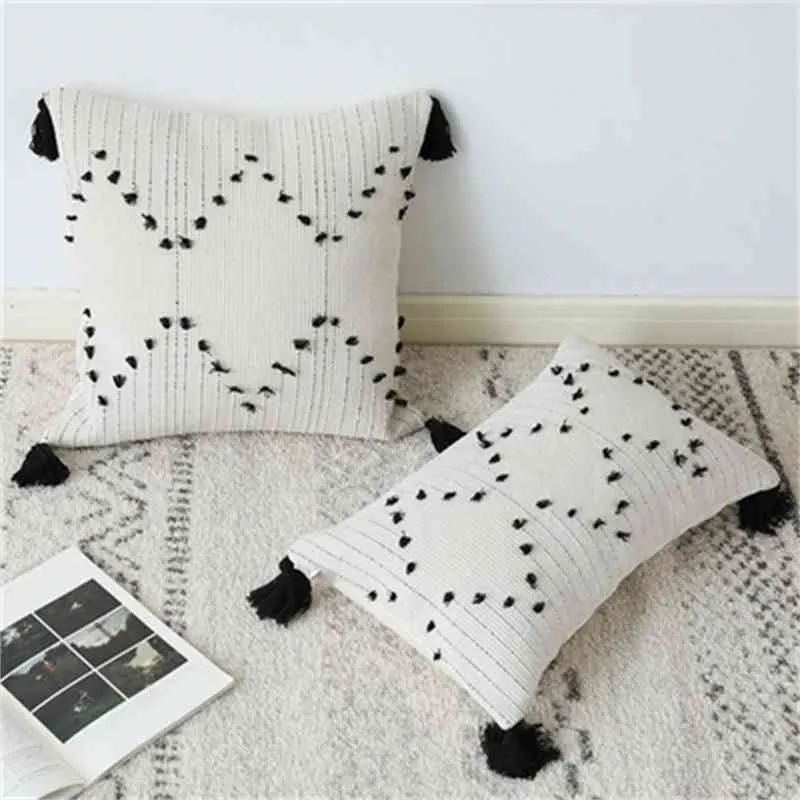 Coperchio di cuscino intrecciato in stile marocchino 45x45cm Cover cuscino lombare 30x50 bianco nero semplice geometrico per la decorazione domestica divano letto 210401