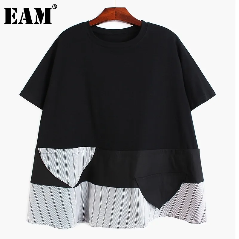 [Eam] Kvinnor Svart Stor Storlek Casual Spliced ​​Striped T-shirt Rund Neck Kortärmad Mode Vår Sommar 1DD8205 210512
