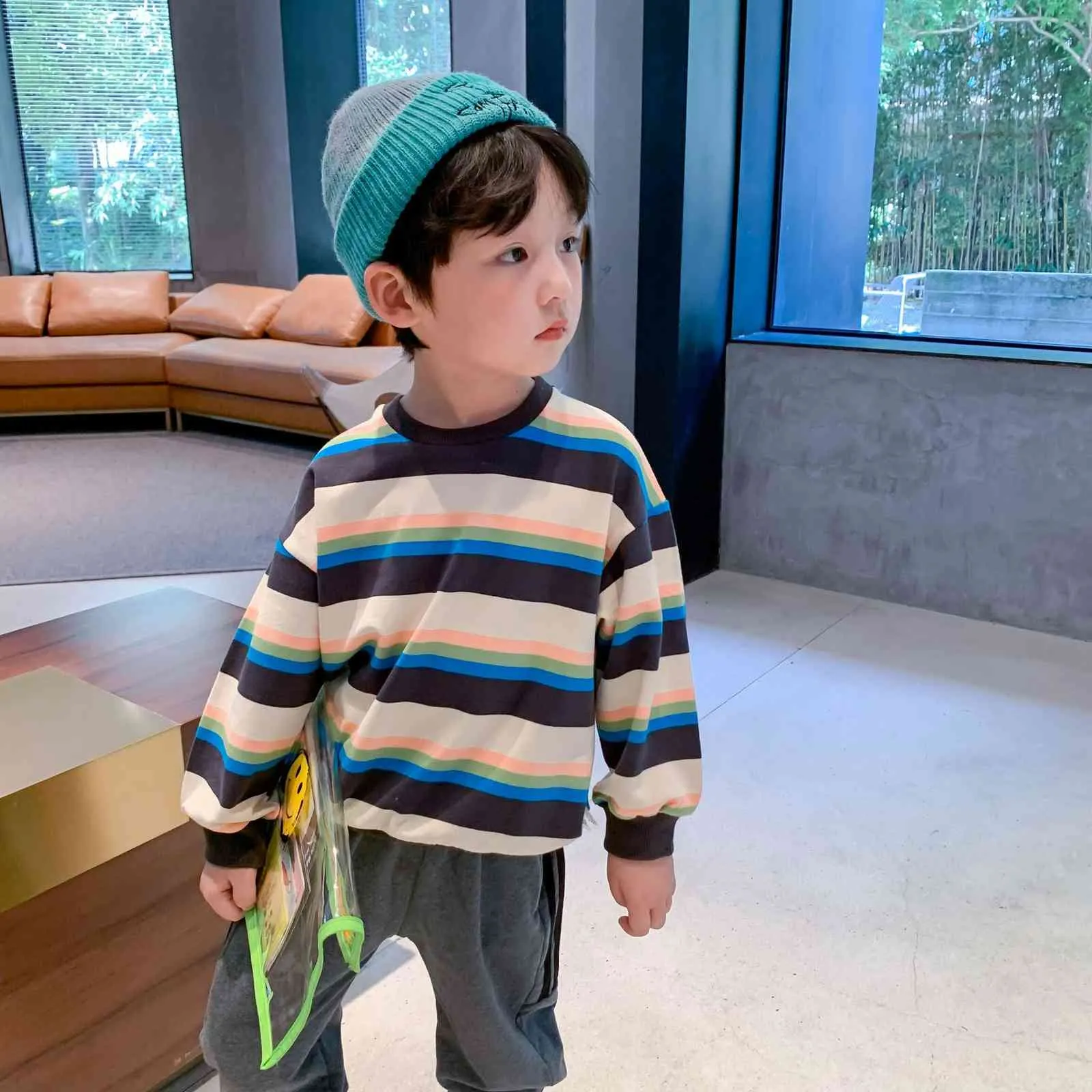 Boys autumn casual cotton striped long sleeve sweatshirts Kids 2 colors Tops clothings 210508