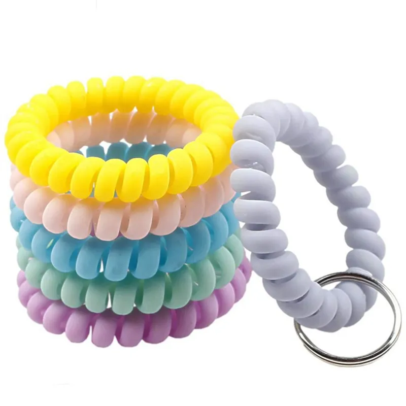 Wrist Coil Keychains Wristband Spring Spiral Stretchy Key Rings Holder Elastic Fashion Hairband Plastic Phone Rope Cord Wire Keyrings Chains for Gym Pool ID Badge