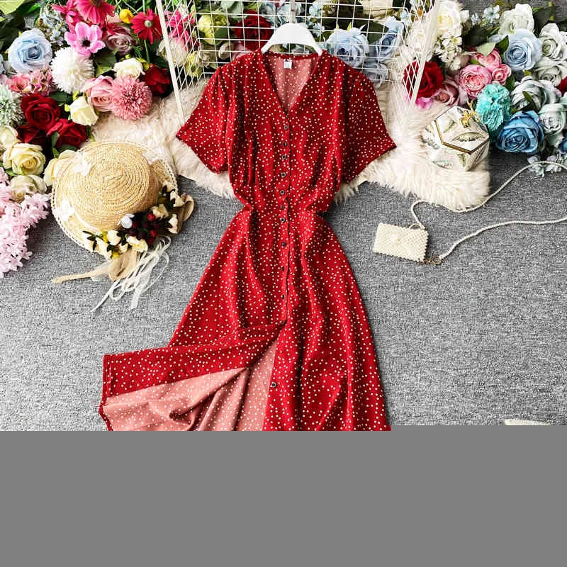 Korean Red elegant sexy Dress women summer beach V-neck polka dot midi dress waist split dress vestidos de fiesta clothes 210514