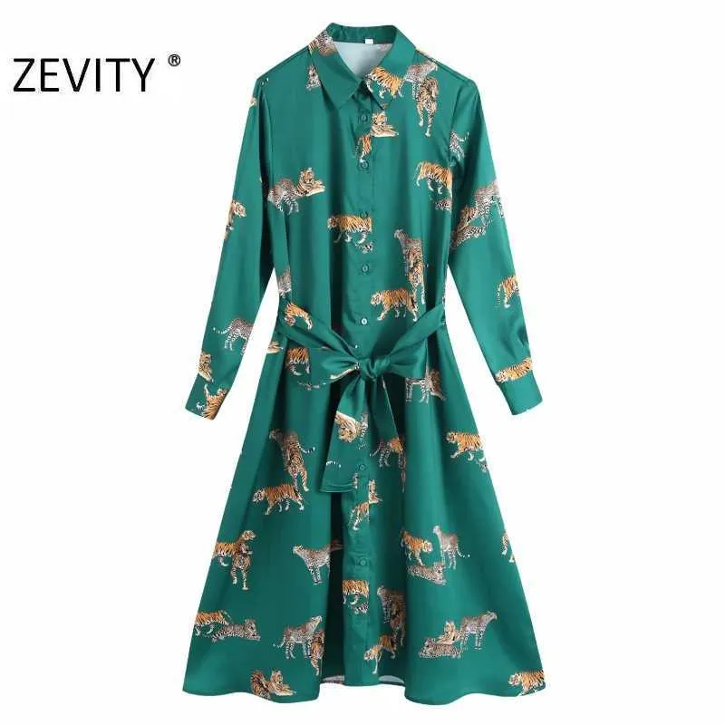 Zevity mujeres moda Tigre estampado arco atado fajas Casual Delgado Midi Vestido mujer Chic manga larga pecho una línea Vestido DS4624 210603