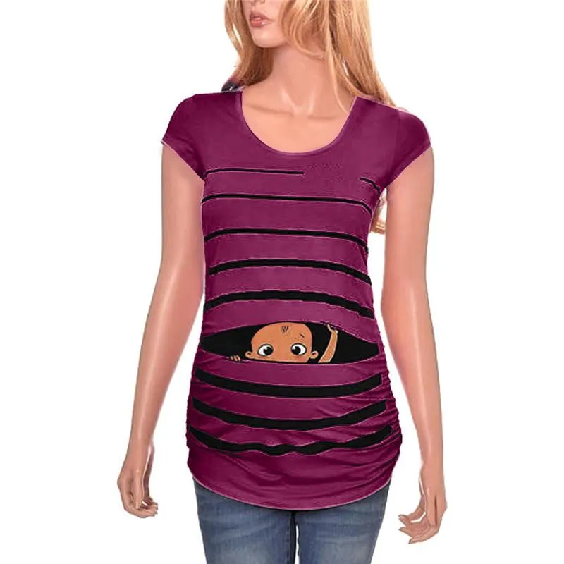 Maternity Tops Tees Kvinnor Skjorta Gullig Baby Print Striped Kortärmad T-shirt Gravid Ropa Emvarazada Verano Zwanger