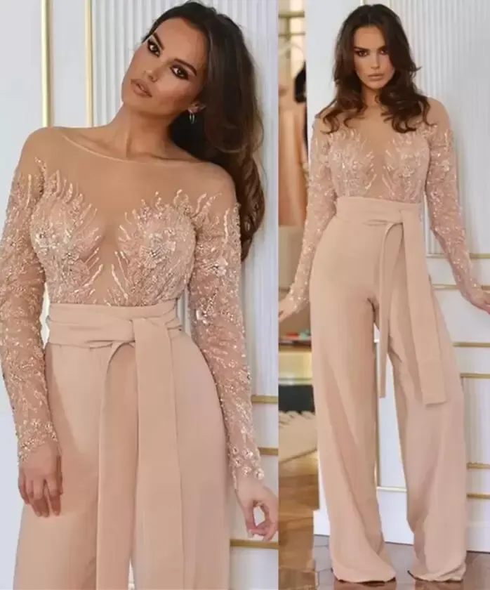 Dresses Champagne Prom Sexy Illusion Bodice Jumpsuit Long Sleeves Scoop Neck Beaded Crystals Custom Made A Line Plus Size Evening Celebrity Party Vestidos