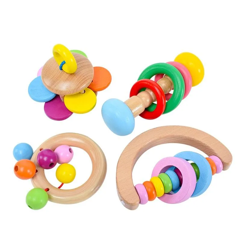 Wood Rattle Toys for Baby, Toddler Wooden Handbell Colorful BPA Free Hand Held Rattle Sound Toys Educational Toy Set