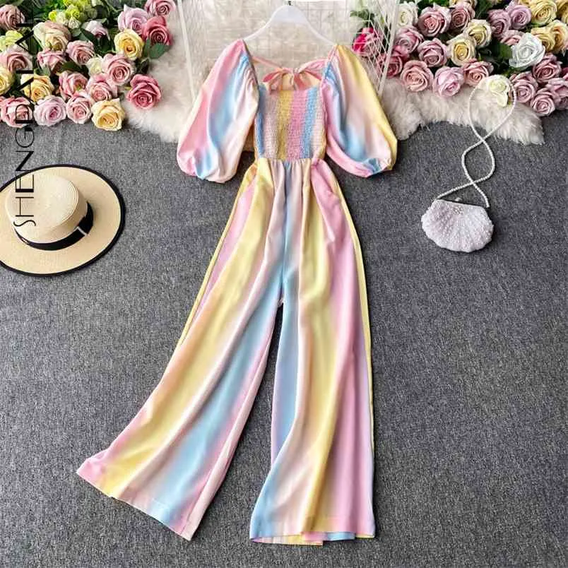 Rainbow Gradiënt Kleur Jumpsuit Dames Zomer Vierkante Kraag Korte Mouw Lace Up Wide Leg Jumpsuits 5E231 210427