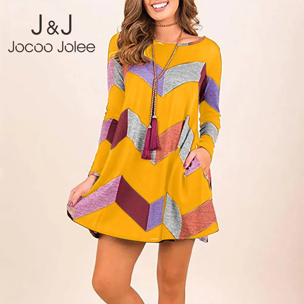 Jocoo Jolee Casual Långärmad O Neck T-shirt Klänning Vintage Geometri Mönsterfickor En Linje Klänning Kvinna Enkel Slim Mini Dress 210518