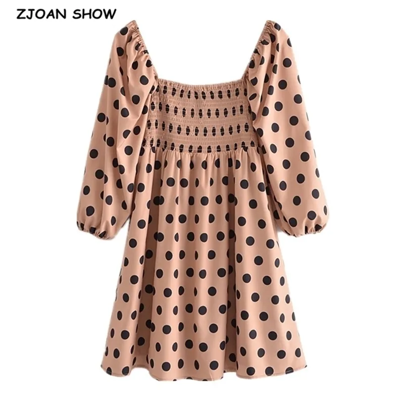 Style de vacances Col carré Polka Dot Robe d'impression Femmes douces manches bouffantes élastiques robes de femme froncées vêtements féminins 210429