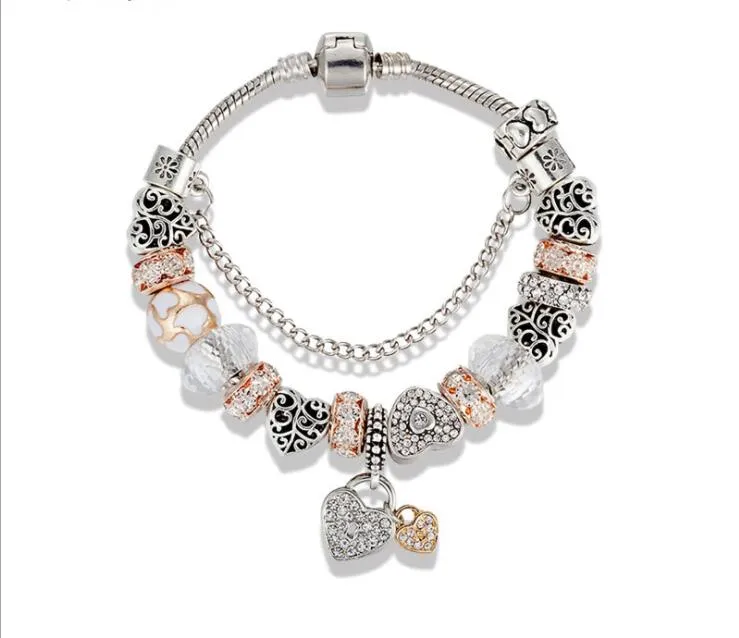 Strands Crystal Frisado Pulseira com Vintage Hollow Love Lock Pendantnt