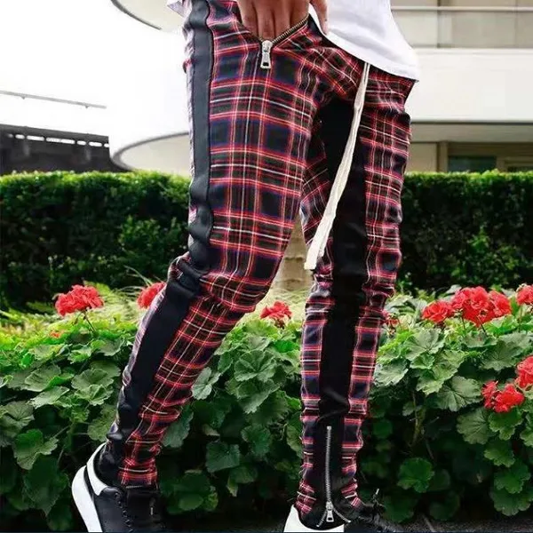 Mężczyzna Retro Plaid Szkocki Wzór Spodnie High Street Hip Hop Casual Loose Long Pant Mężczyzna Elastyczna Talia Zamek