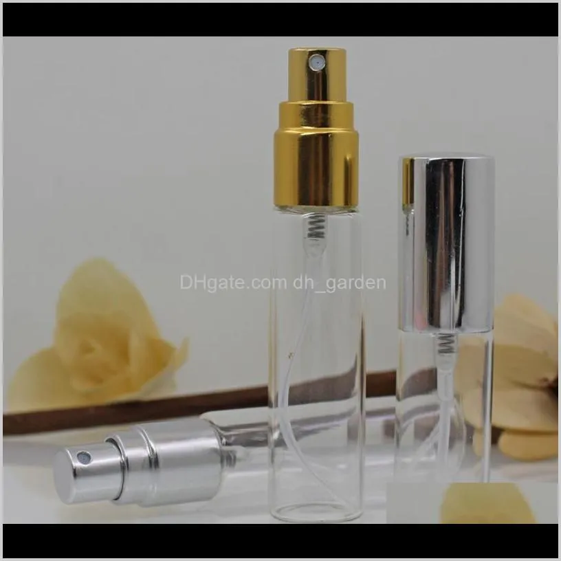 empty 5ml 10ml glass fine mist atomizer bottles with gold or silver caps refillable perfume cologne decant spray bottles sn2089