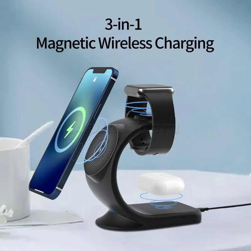 Chargeur magnétique sans fil de 15W Stand 3 en 1 pour iPhone 12 13 Pro Max Qi Fast Charging Induction pour Apple Watch Iwatch Airpods avec boîte de détail neuf