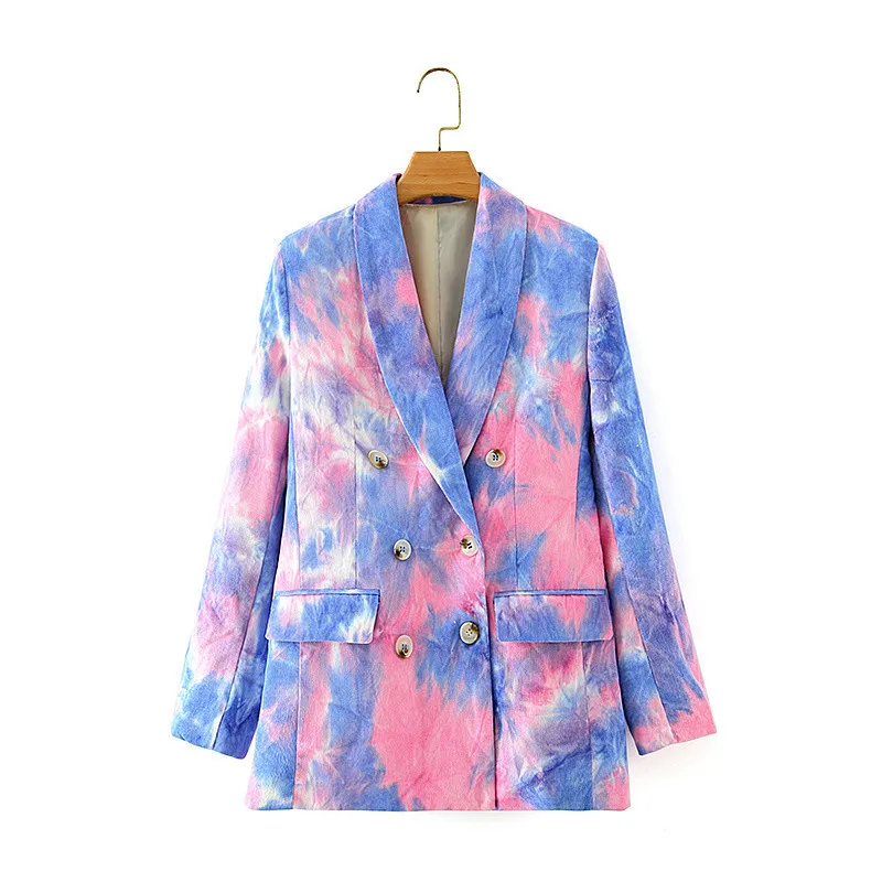 Donna Autunno Moda Colorful Tie-dye Pirnt Doppiopetto Blazer lunghi Donna Elegante manica Blazer Outwear Femm 210421