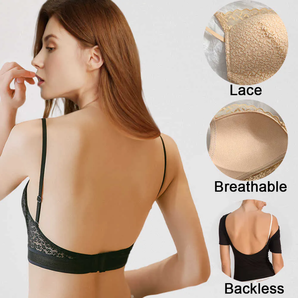 Kant sexy backless beha bedrukte dunne ondergoed lage back mesh brassiere push-up bralette holle crop top diepe u onzichtbare beha's 210623