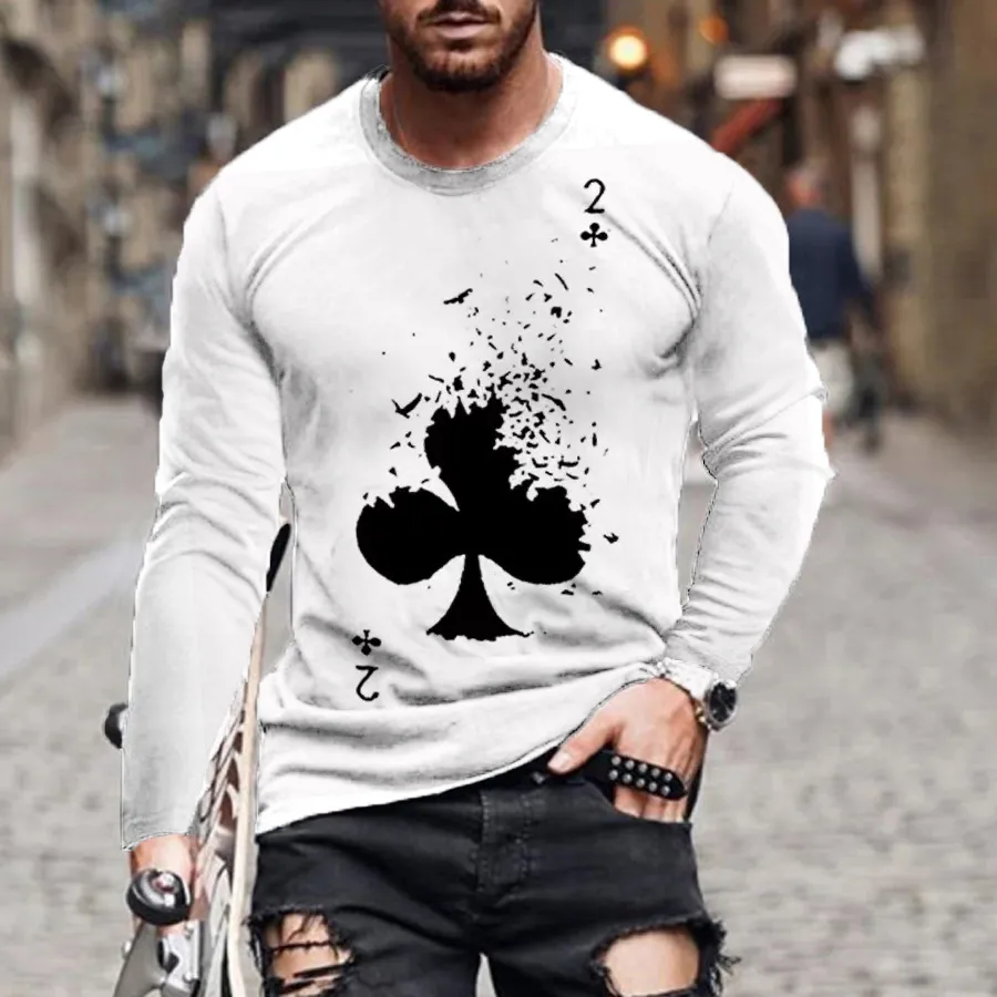 Men's European and American 3D digital men's four seasons loose round neck avatar playing card printing long-sleeved T-shirt top