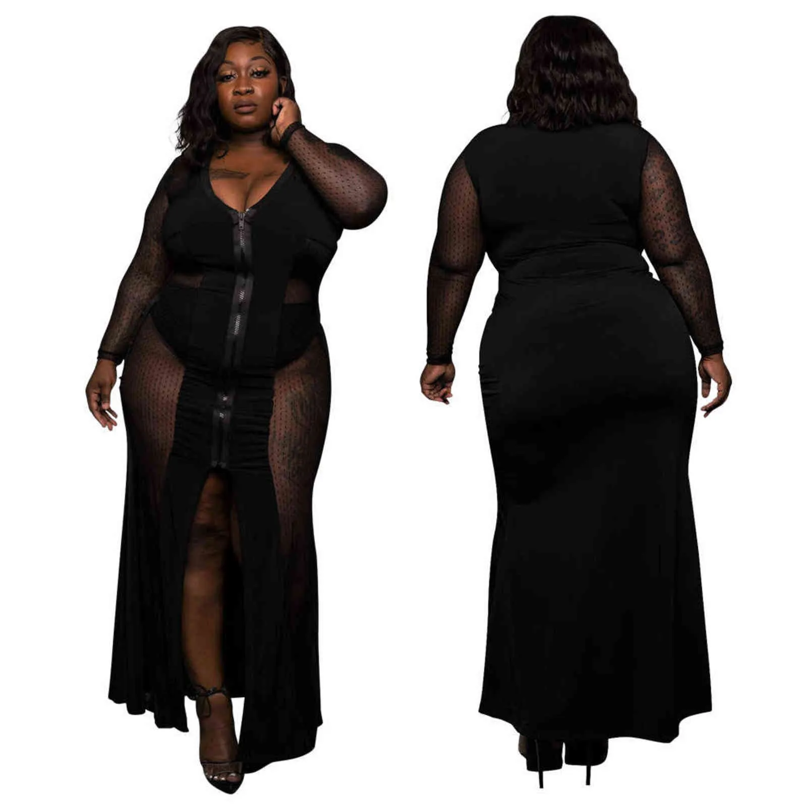 Sexy Long Mesh Sheer Dress Women See Through Full Sleeve V Neck Club Maxi Dresses  Transparent Evening Outfit Plus Size 5XL Black 211116 From Kua01, $17.32