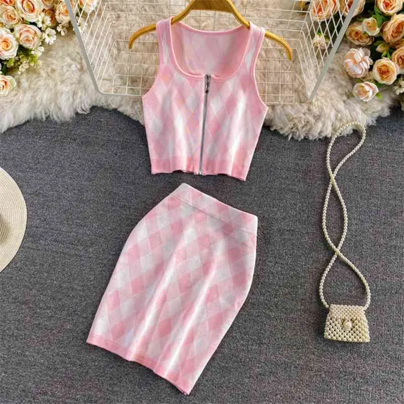 Summer Korean Sweet Pink Plaid Tracksuit Women Crop Top Sexy Vest Bodycon Skirts Sets Fashion Knit Sweater Two Piece Suits 210514