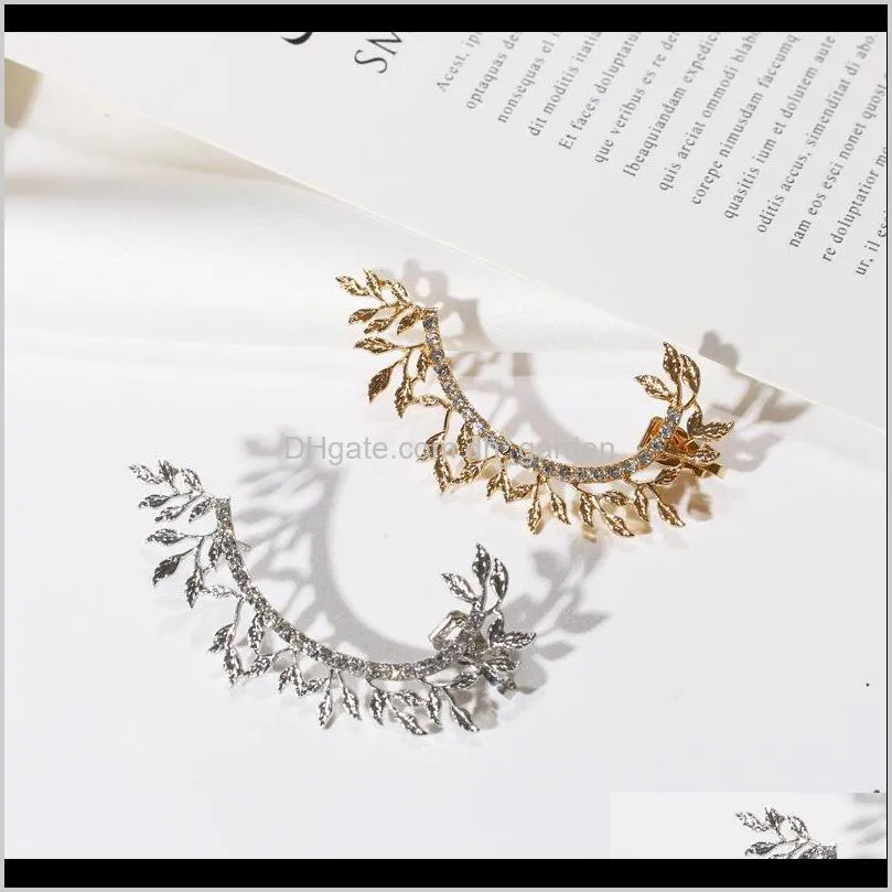 fashion golden leaf crystal ear cuff ear hoop climber rhinestone stud earrings for women girls wedding party jewelry gifts