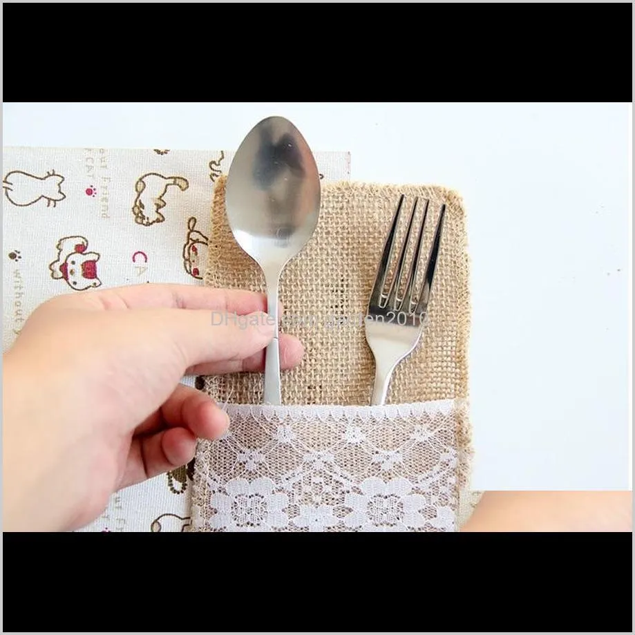 burlap cutlery holder vintage shabby chic jute lace tableware pouch packaging fork & knife pocket home textiles