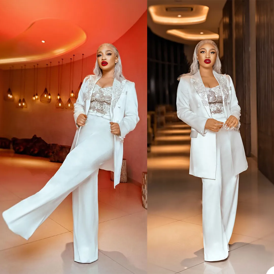 Luxury Beads Women White Suits Slim Celebrity Lady Party Prom Tuxedos Long Blazer Red Carpet Leisure Outfit (Jacket+Pants)