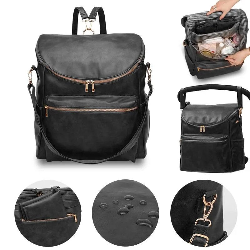 Diaper Bags PU Leather Bag Backpack Large Capacity Baby Waterproof Maternity For Stroller With Pad