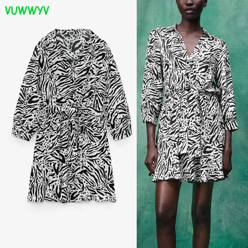 Vuwwwyv Sukienki Dla Kobiet Biały Czarny Zwierząt Print Ruched Ruffle Mini Dress Kobieta Z Długim Rękawem Elastyczna Talia Łuk Knot Vestidos 210430