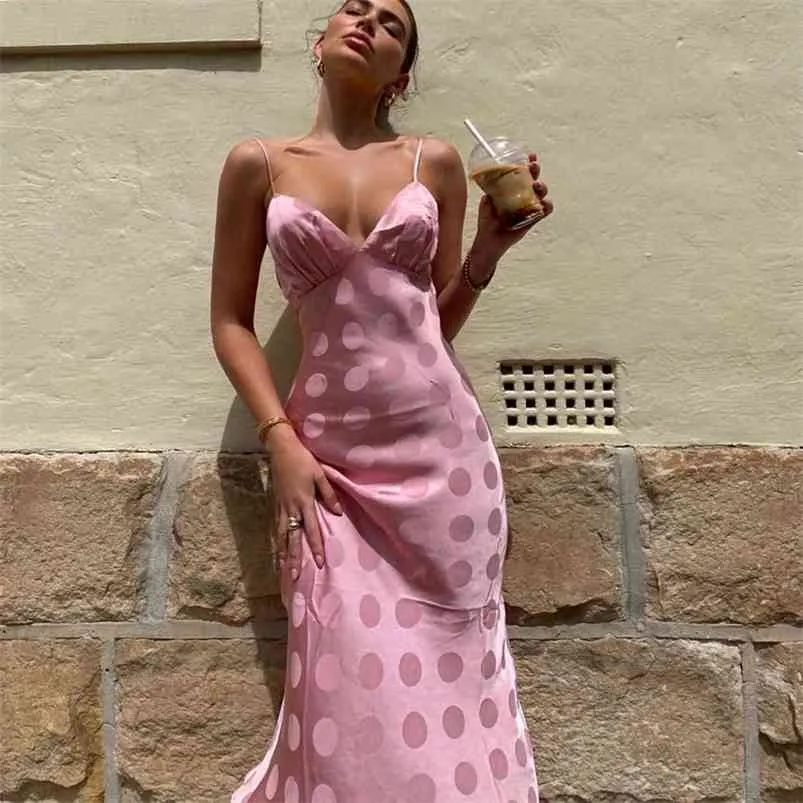 Polka Dot Vintage Dress Women Sleeveless Satin Pink Strap Summer Boho Beach Midi Backless Silk 210427