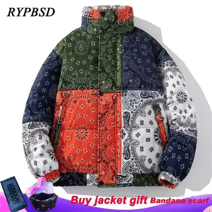 Bandana rockar paisley vindtät pufferjacka män 2022 vinter mode varm vadderad parka casual blixtlås harajuku bubbla 220105