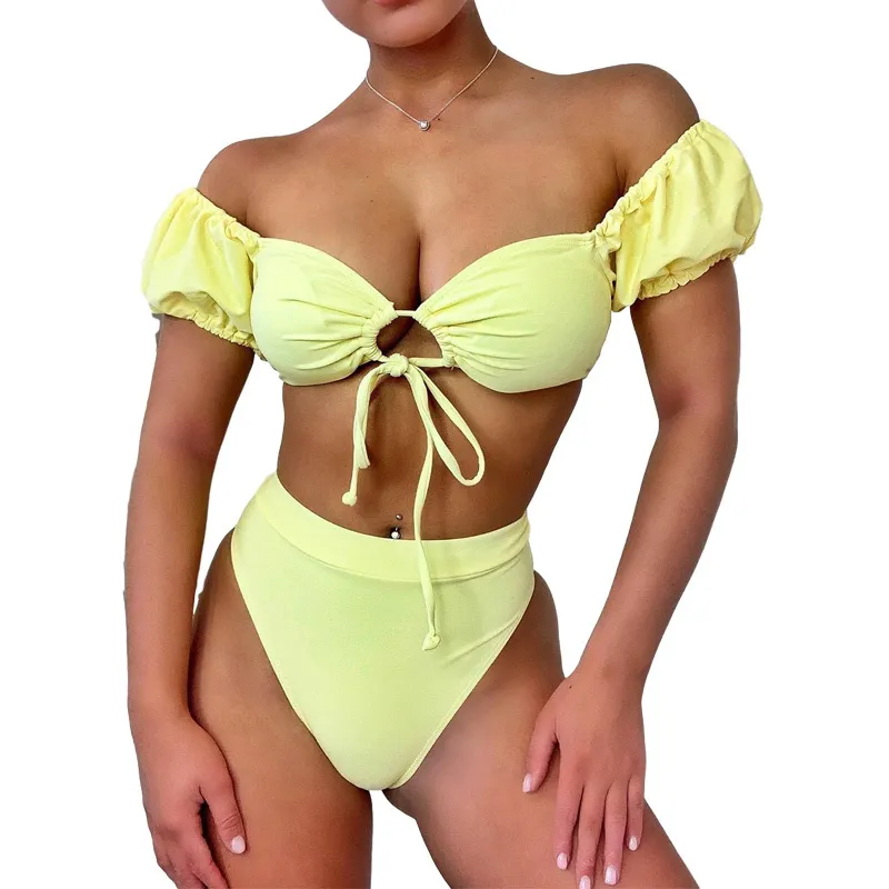 Bikini Set voor Dames Braziliaanse Biquini Hoge Taille Bikinis Badmode Korte Mouw Geel Badpak Badpak Strandkleding 210520